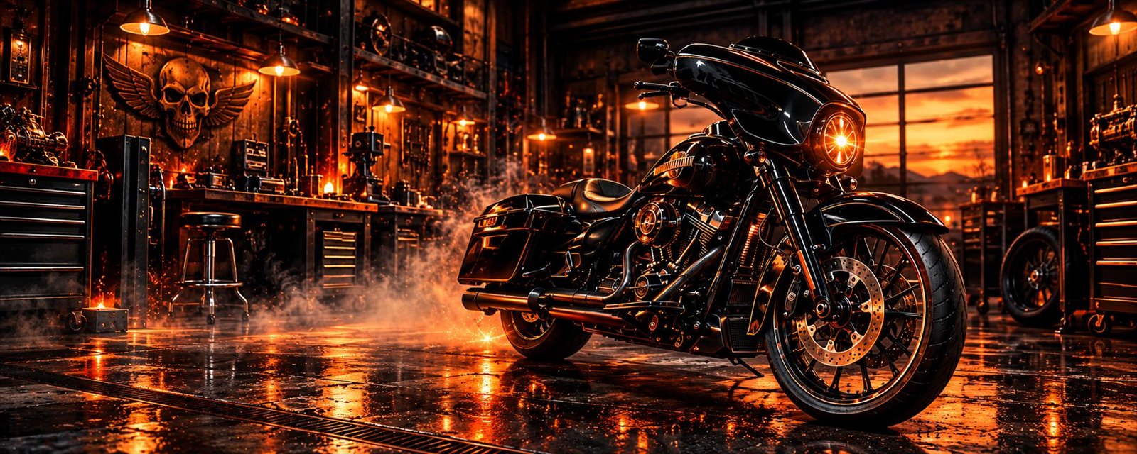Custom motorcycle in a firelit workshop
