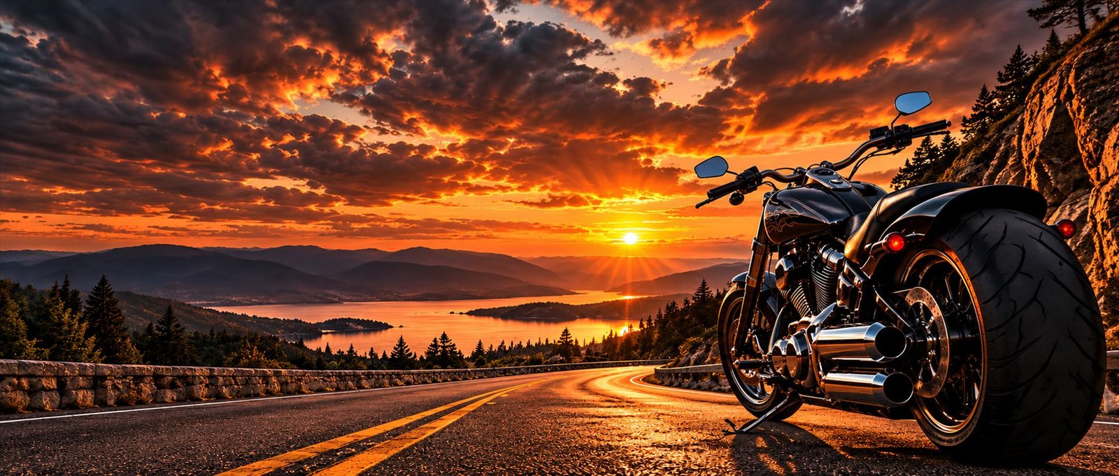 Motorcycle parked on a mountain road at sunset
